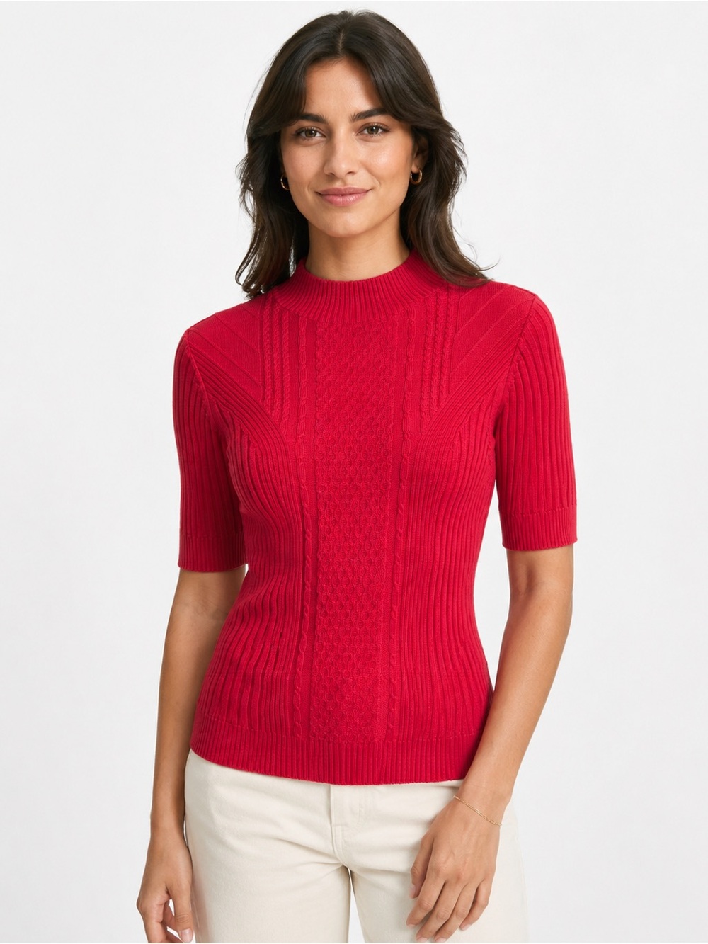 Brooks Brothers Red Fleece Top Women XS Red Mock Neck Knit Short Sleeve Sweater